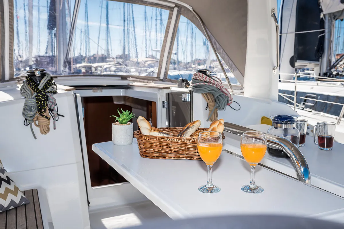 Deck of Gang of Four, a Beneteau Oceanis 38.1 sailboat at Grad Biograd na Moru, Croatia