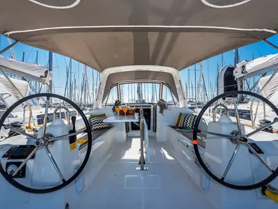 Cockpit of Gang of Four, a Beneteau Oceanis 38.1 sailboat at Grad Biograd na Moru, Croatia
