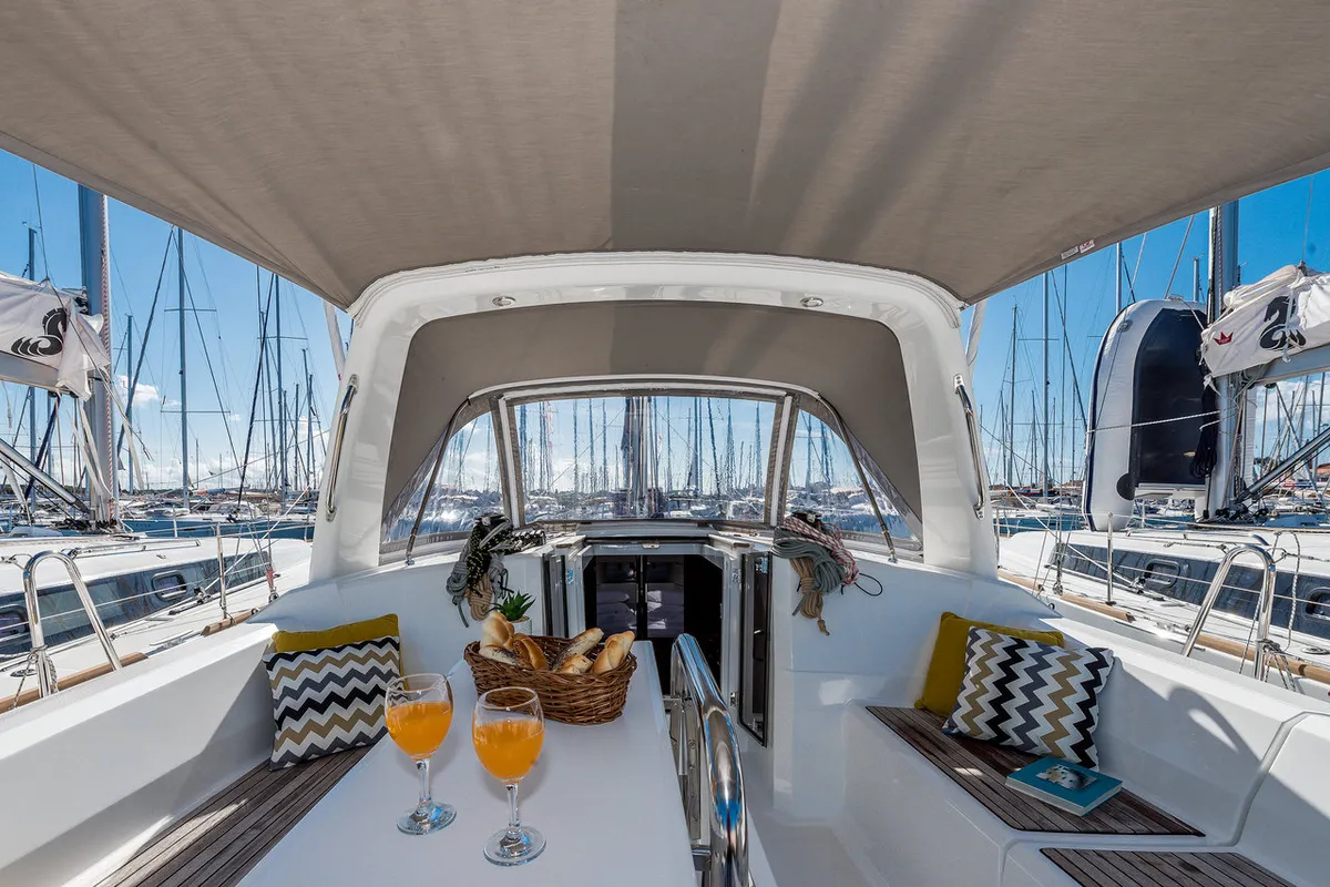 Deck of Gang of Four, a Beneteau Oceanis 38.1 sailboat at Grad Biograd na Moru, Croatia