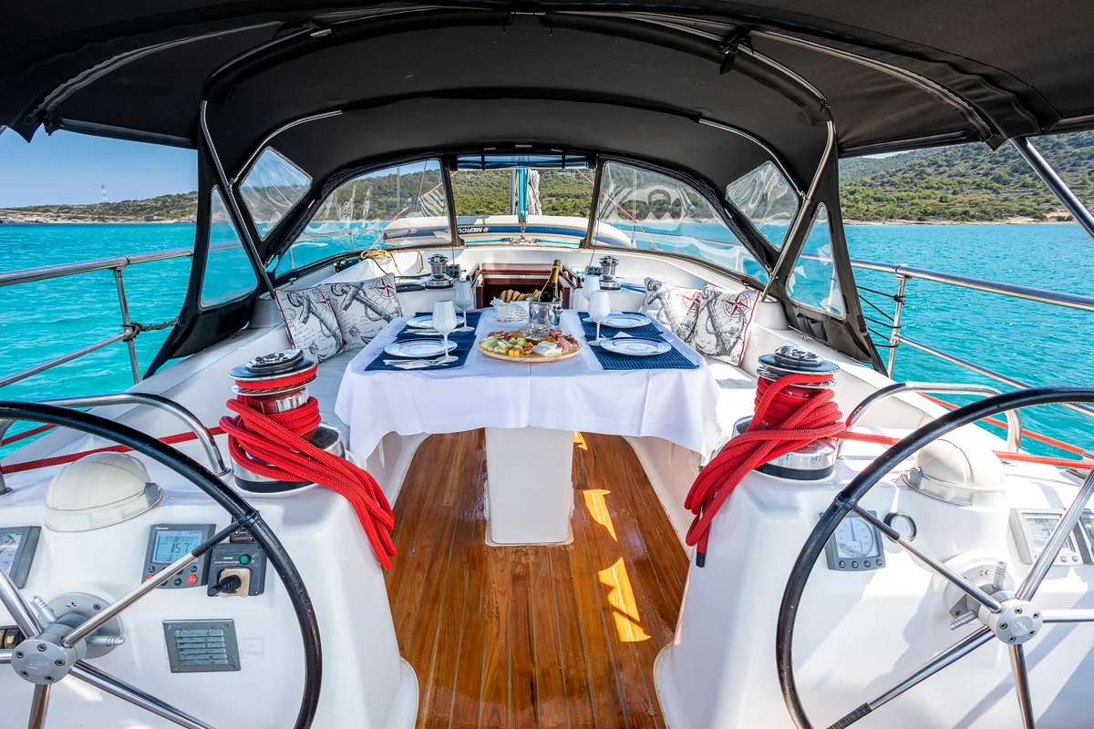Cockpit of Sofia Star 1, a Ocean Star 51.2 sailboat at Athens, Marina Delta Kallithea, Greece