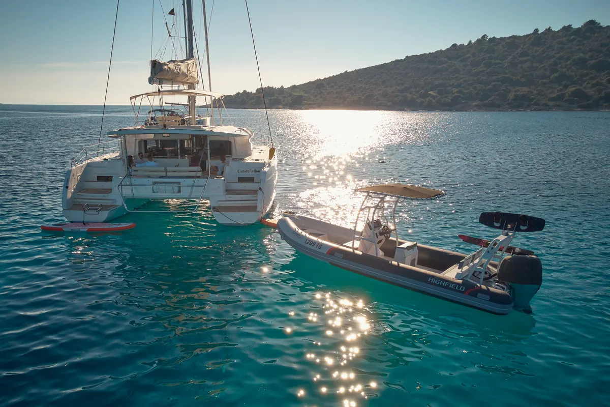 Exterior view of Aquarius, a Lagoon 46 catamaran at Trogir, Croatia