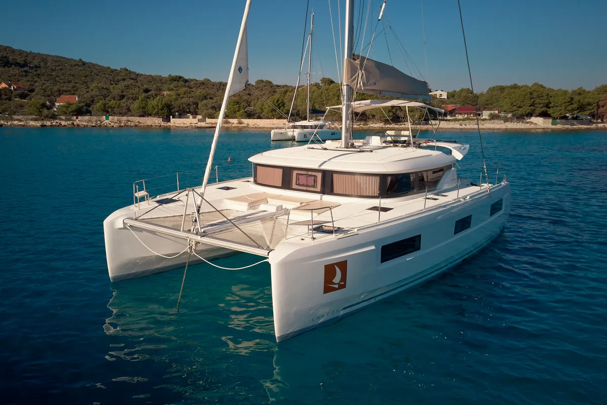 Exterior view of Aquarius, a Lagoon 46 catamaran at Trogir, Croatia