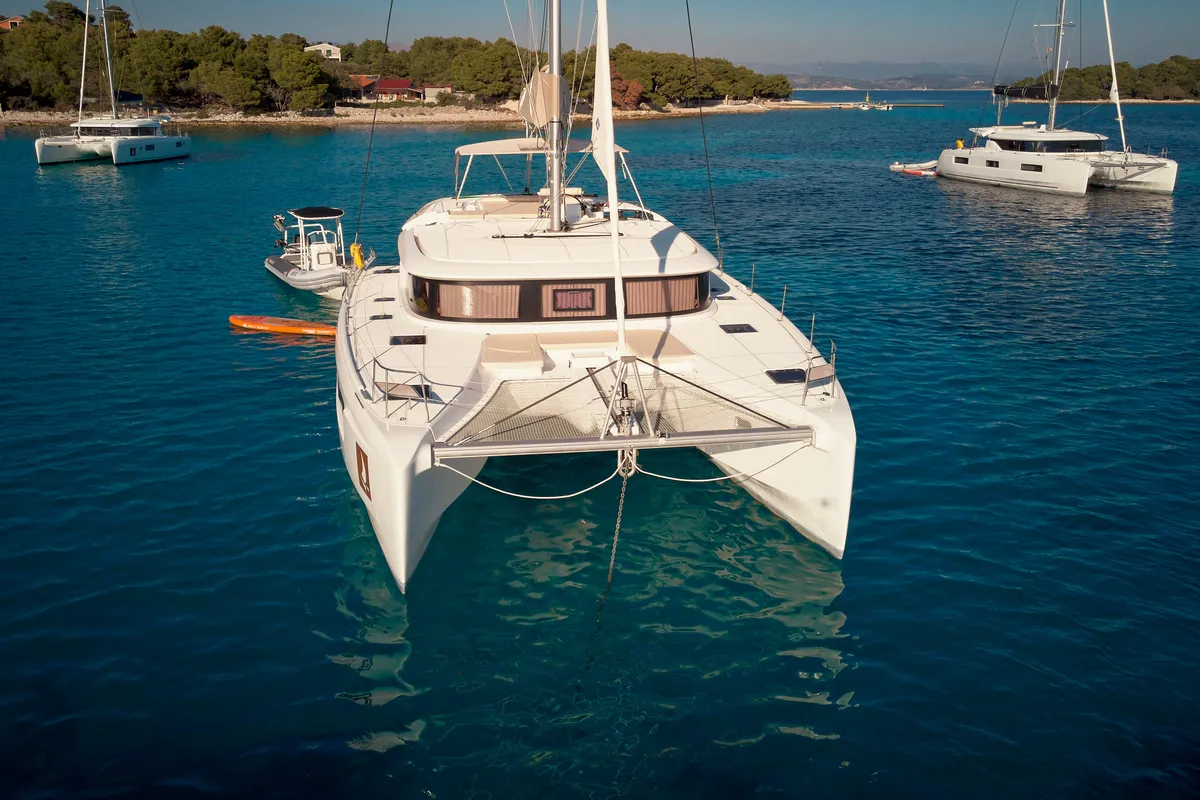 Exterior view of Aquarius, a Lagoon 46 catamaran at Trogir, Croatia