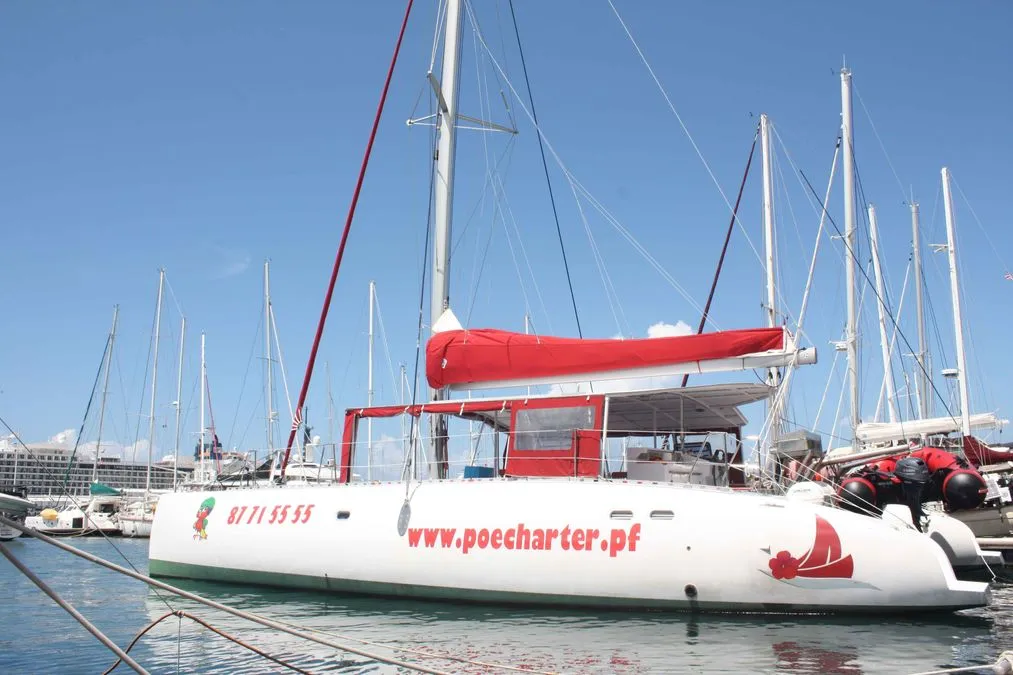 Exterior view of Poe Nui, a Gulet Ocean Voyager 53 catamaran at Papeete, France