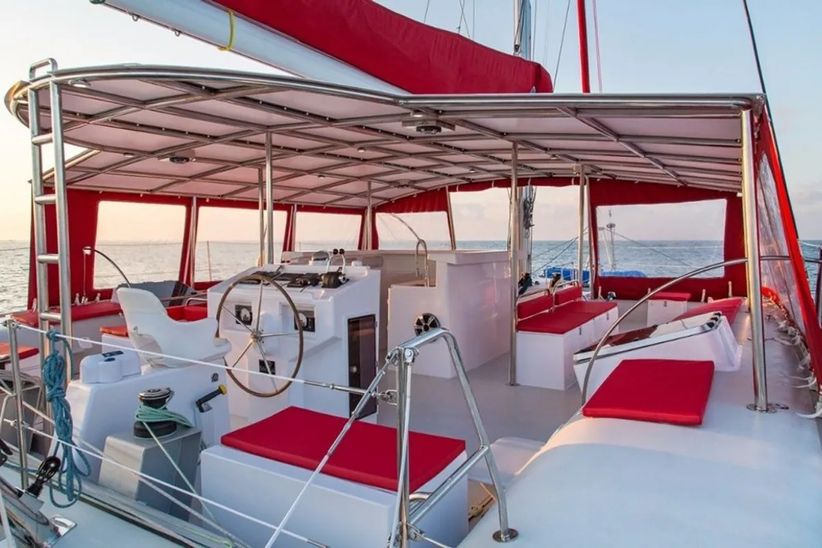 Cockpit of Poe Nui, a Gulet Ocean Voyager 53 catamaran at Papeete, France