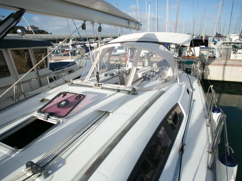 Deck of Orsa Maggiore, a Beneteau Oceanis 43 sailboat at Piombino, Italy