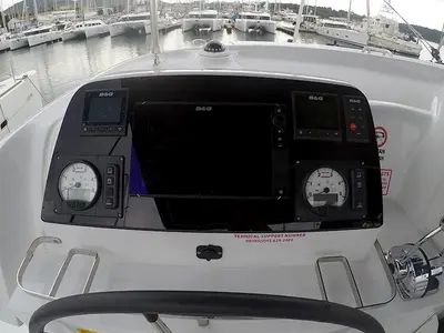 Cockpit of Aymeline, a Lagoon 42 catamaran at Grad Šibenik, Croatia
