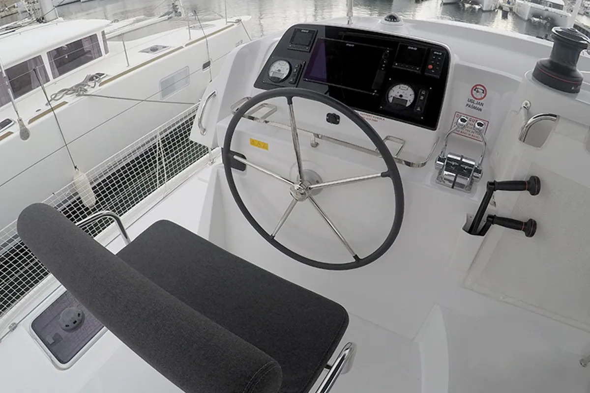Cockpit of Aymeline, a Lagoon 42 catamaran at Grad Šibenik, Croatia