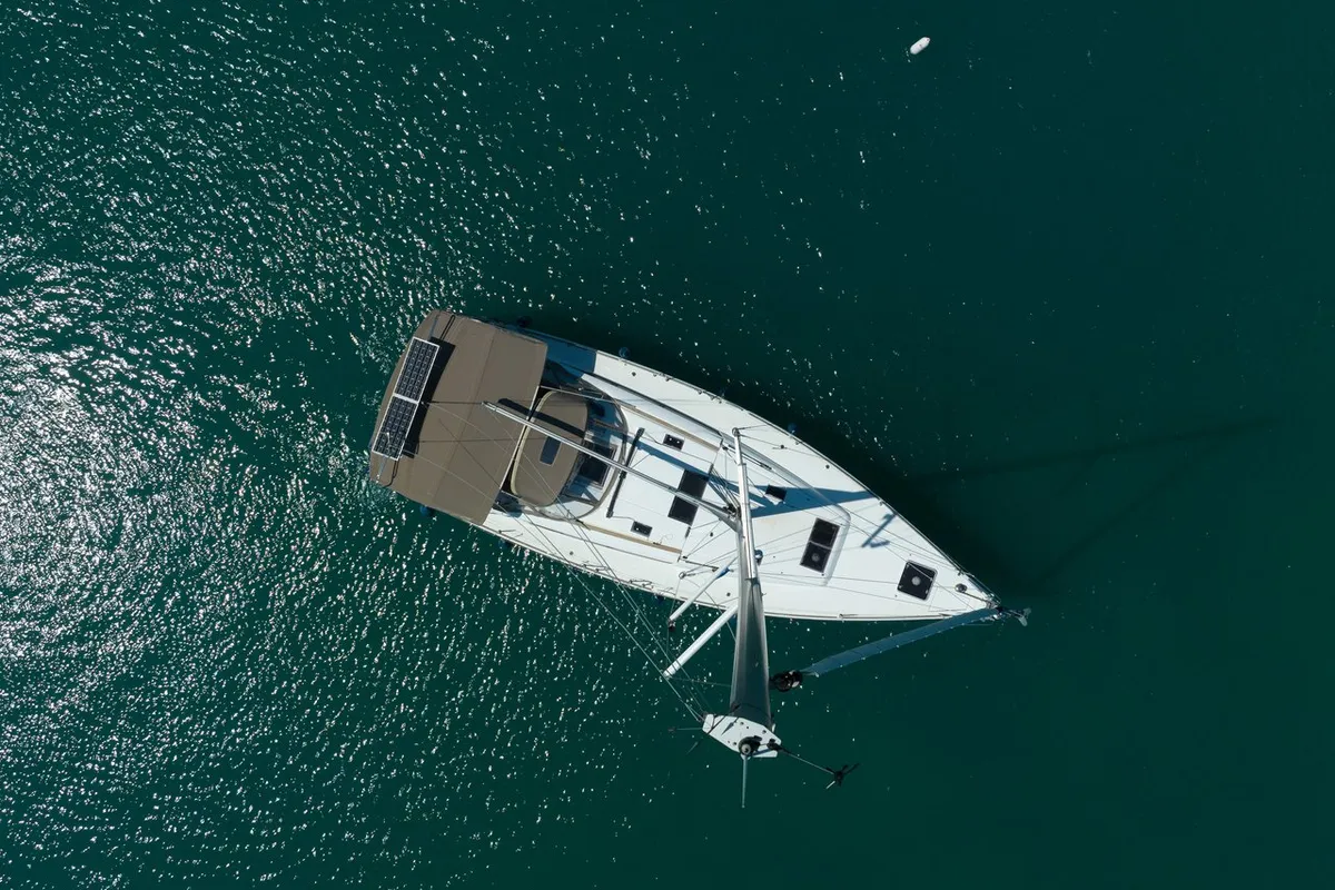 Exterior view of Sirius, a Jeanneau Sun Odyssey 479 sailboat at Municipal Unit of Lefkada, Greece