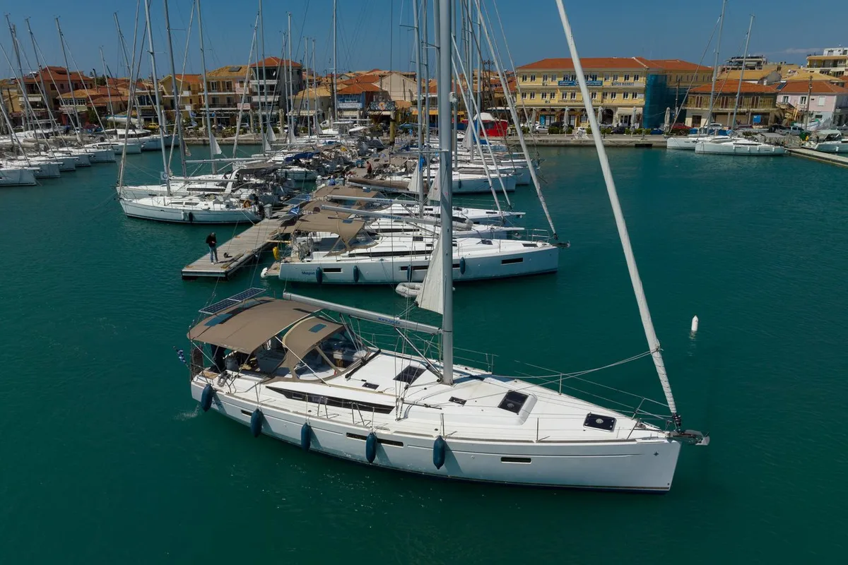 Exterior view of Sirius, a Jeanneau Sun Odyssey 479 sailboat at Municipal Unit of Lefkada, Greece