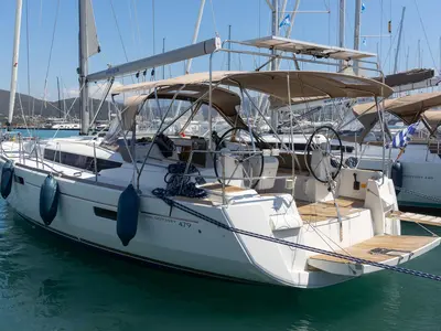 Deck of Sirius, a Jeanneau Sun Odyssey 479 sailboat at Municipal Unit of Lefkada, Greece