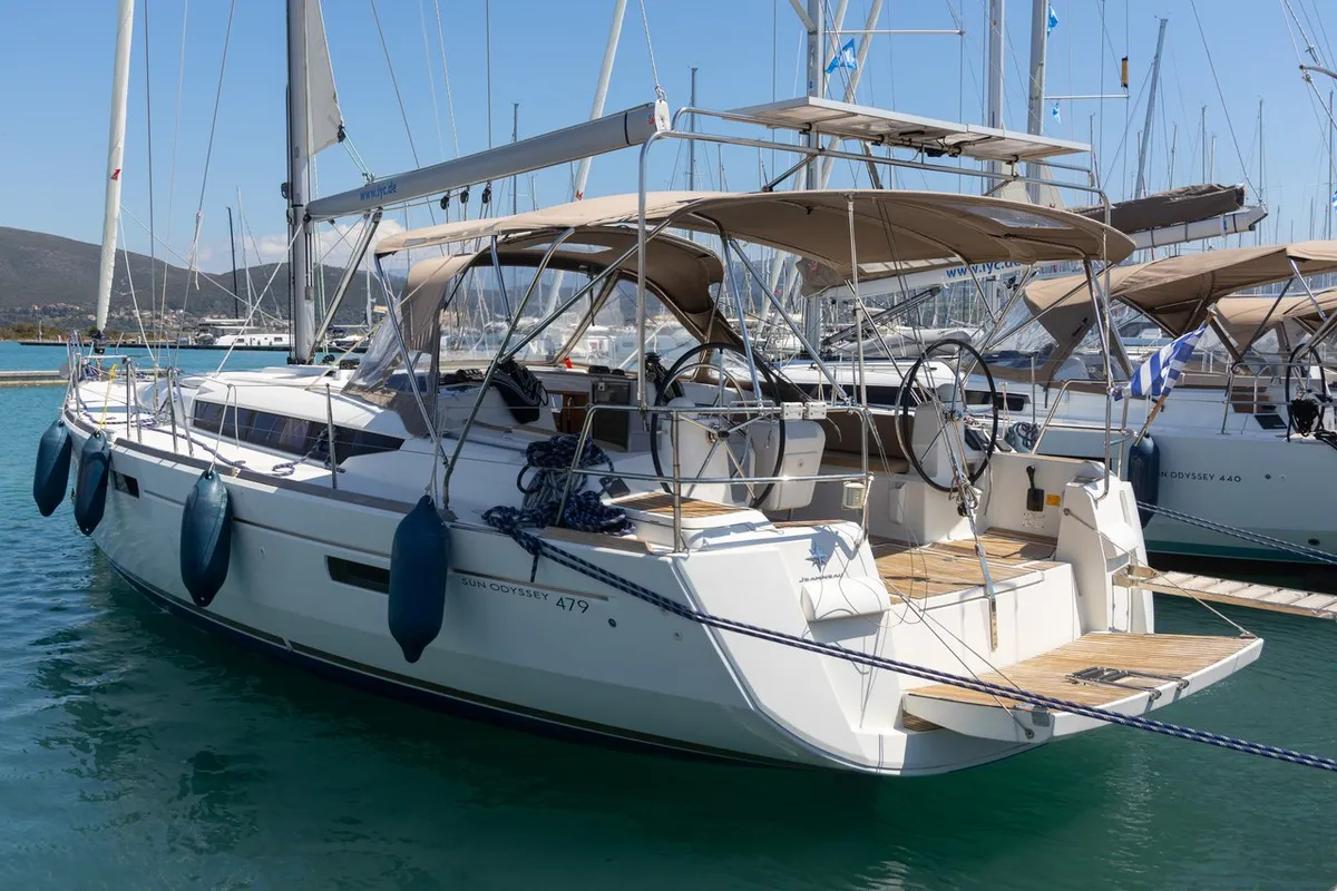 Deck of Sirius, a Jeanneau Sun Odyssey 479 sailboat at Municipal Unit of Lefkada, Greece