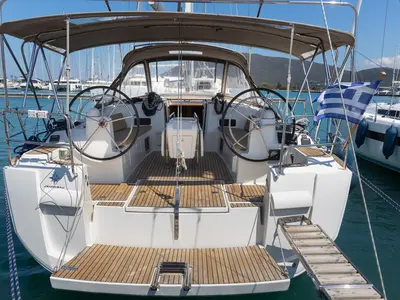 Cockpit of Sirius, a Jeanneau Sun Odyssey 479 sailboat at Municipal Unit of Lefkada, Greece