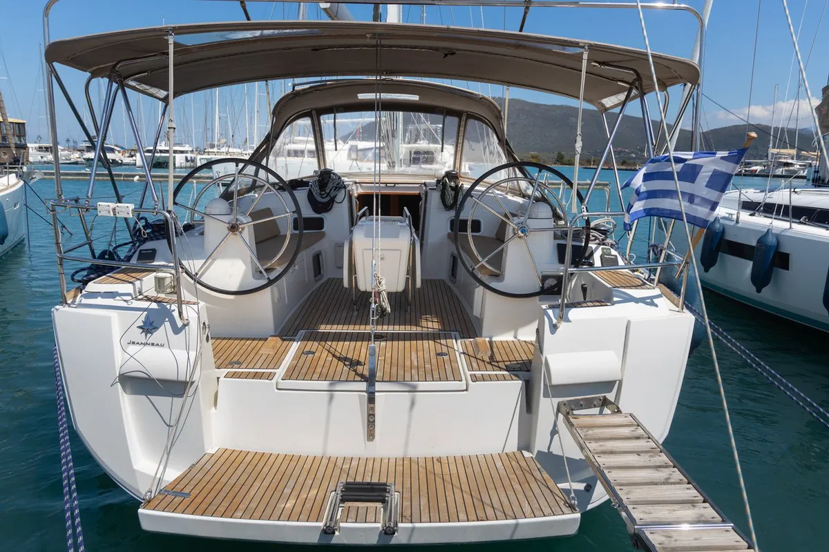 Cockpit of Sirius, a Jeanneau Sun Odyssey 479 sailboat at Municipal Unit of Lefkada, Greece