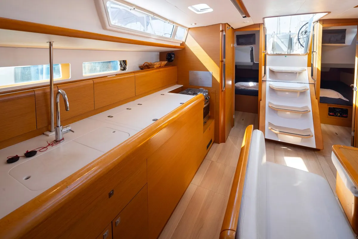 Galley of Sirius, a Jeanneau Sun Odyssey 479 sailboat at Municipal Unit of Lefkada, Greece