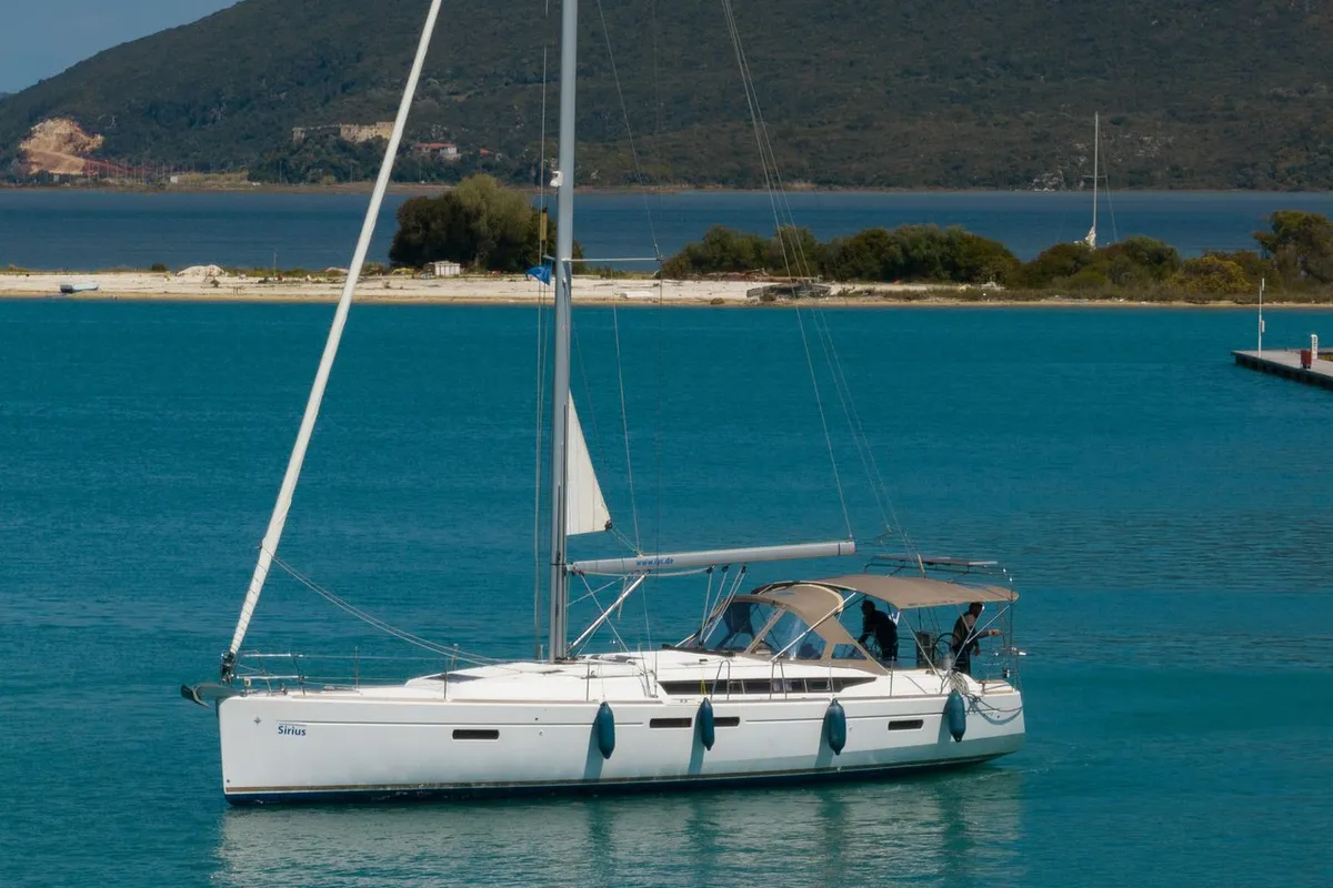Exterior view of Sirius, a Jeanneau Sun Odyssey 479 sailboat at Municipal Unit of Lefkada, Greece