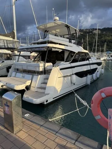 Main, a Prestige M48 catamaran at Giardini Naxos, Italy