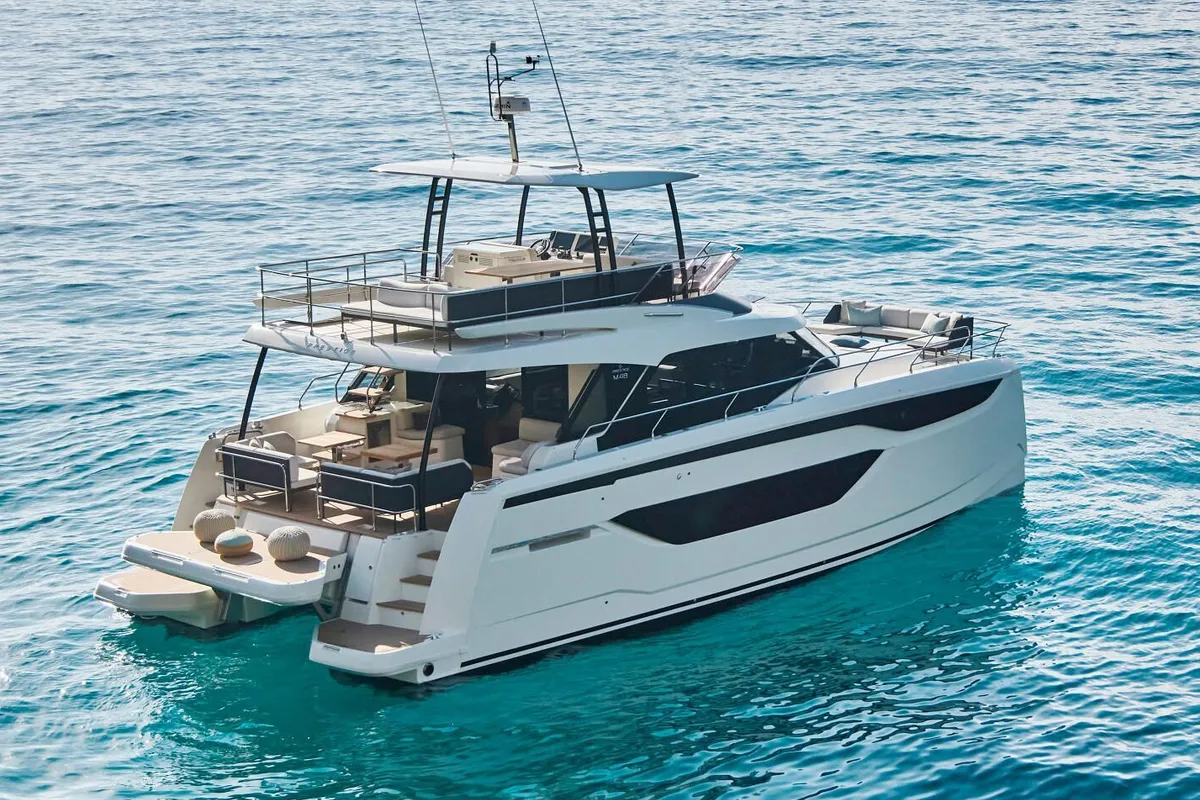 Main, a Prestige M48 catamaran at Giardini Naxos, Italy