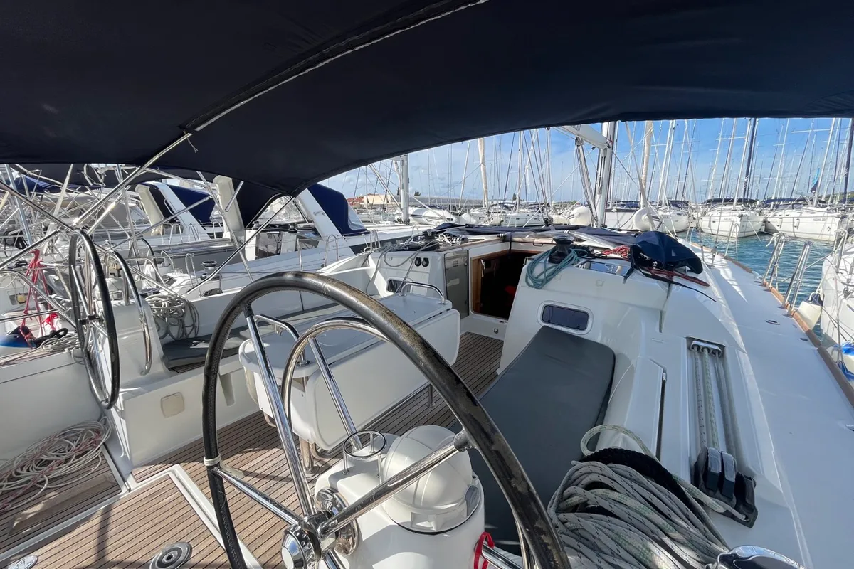 Cockpit of BELUNA, a Jeanneau Sun Odyssey 479 sailboat at Općina Sukošan, Croatia