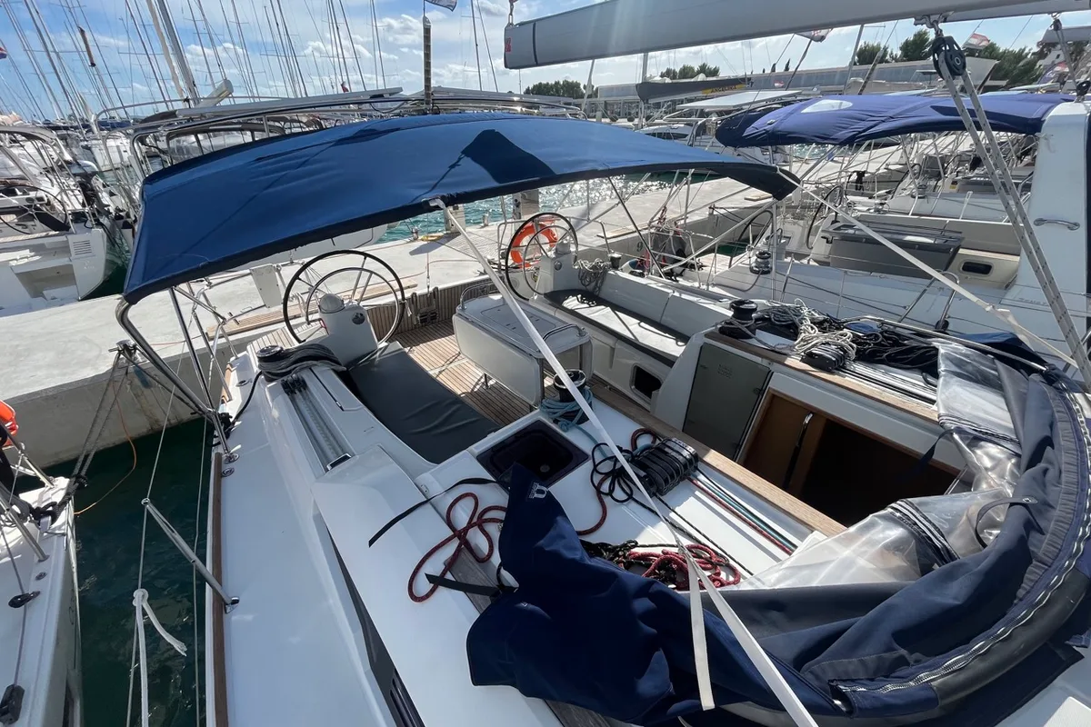 Cockpit of BELUNA, a Jeanneau Sun Odyssey 479 sailboat at Općina Sukošan, Croatia