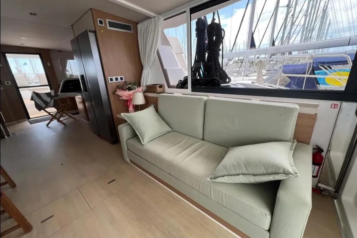 Salon of Arcturus, a Bali 5.4 catamaran at Roche Caiman, Seychelles