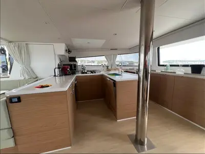 Galley of Arcturus, a Bali 5.4 catamaran at Roche Caiman, Seychelles