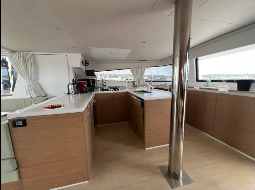 Galley of Arcturus, a Bali 5.4 catamaran at Roche Caiman, Seychelles