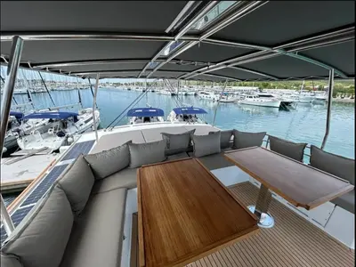 Deck of Arcturus, a Bali 5.4 catamaran at Roche Caiman, Seychelles