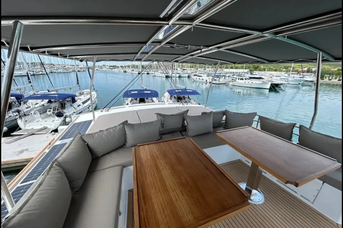 Deck of Arcturus, a Bali 5.4 catamaran at Roche Caiman, Seychelles