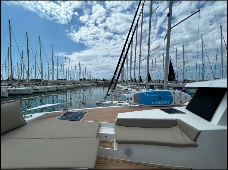 Deck of Arcturus, a Bali 5.4 catamaran at Roche Caiman, Seychelles