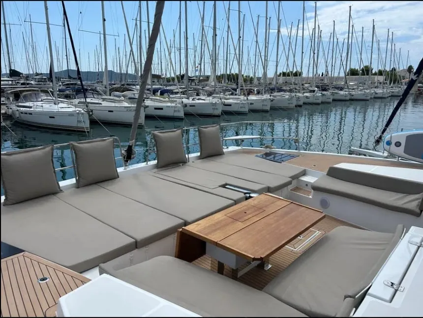 Deck of Arcturus, a Bali 5.4 catamaran at Roche Caiman, Seychelles