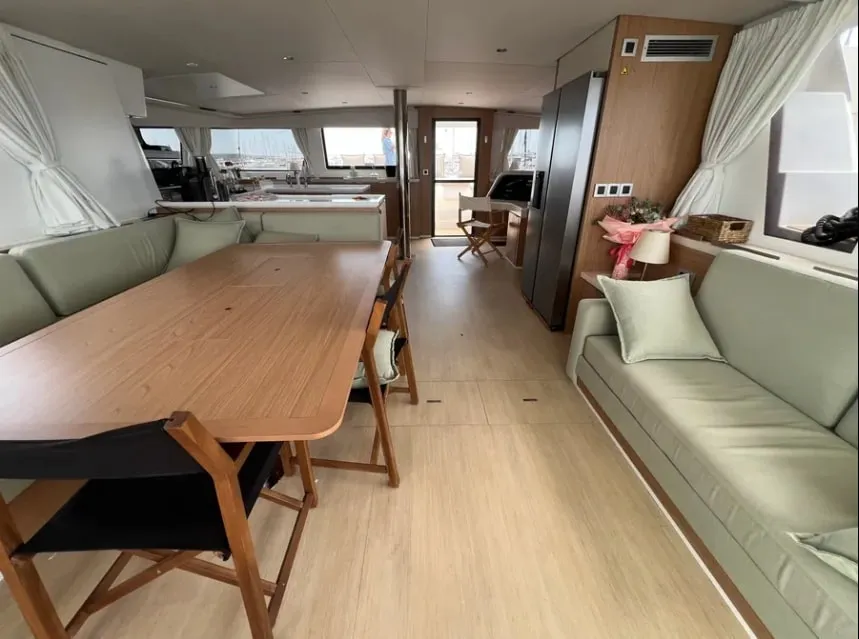Galley of Arcturus, a Bali 5.4 catamaran at Roche Caiman, Seychelles