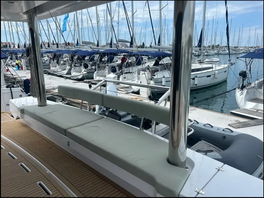 Deck of Arcturus, a Bali 5.4 catamaran at Roche Caiman, Seychelles