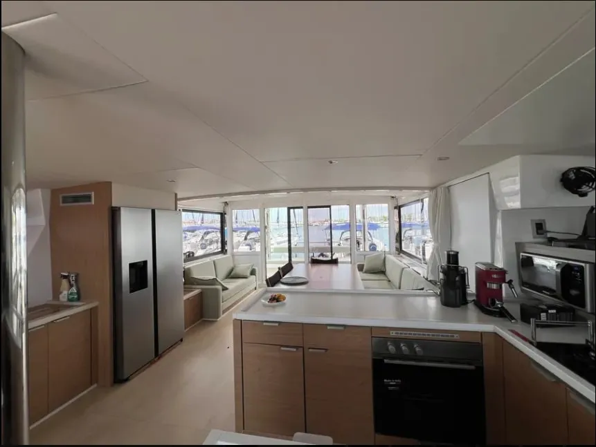 Galley of Arcturus, a Bali 5.4 catamaran at Roche Caiman, Seychelles