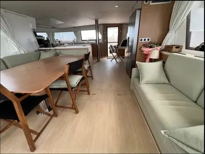 Salon of Arcturus, a Bali 5.4 catamaran at Roche Caiman, Seychelles
