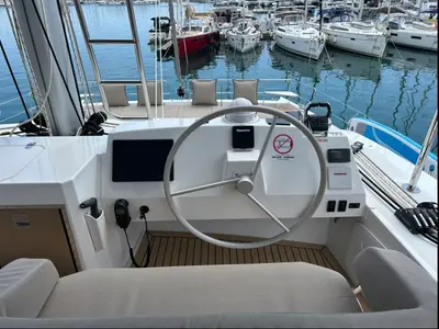 Cockpit of Arcturus, a Bali 5.4 catamaran at Roche Caiman, Seychelles
