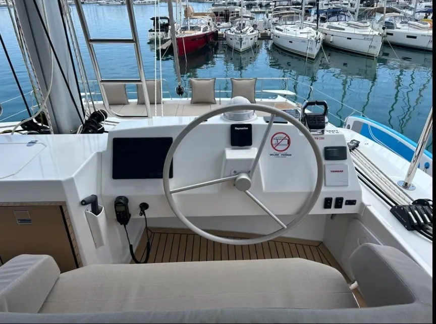 Cockpit of Arcturus, a Bali 5.4 catamaran at Roche Caiman, Seychelles