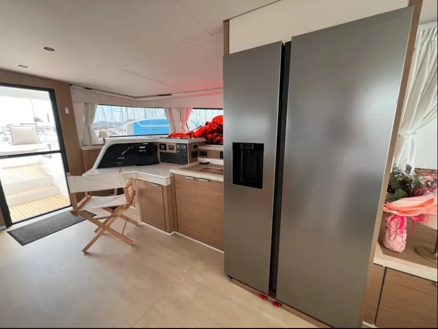 Galley of Arcturus, a Bali 5.4 catamaran at Roche Caiman, Seychelles