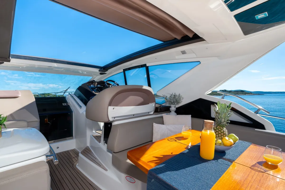 Cockpit of Premium, a Cranchi M44 HT motorboat at Split, Croatia