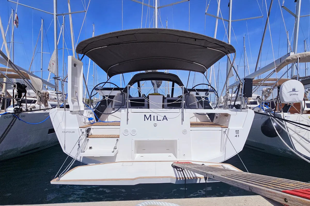 Exterior view of Mila, a Dufour 41 sailboat at Rogoznica, Croatia