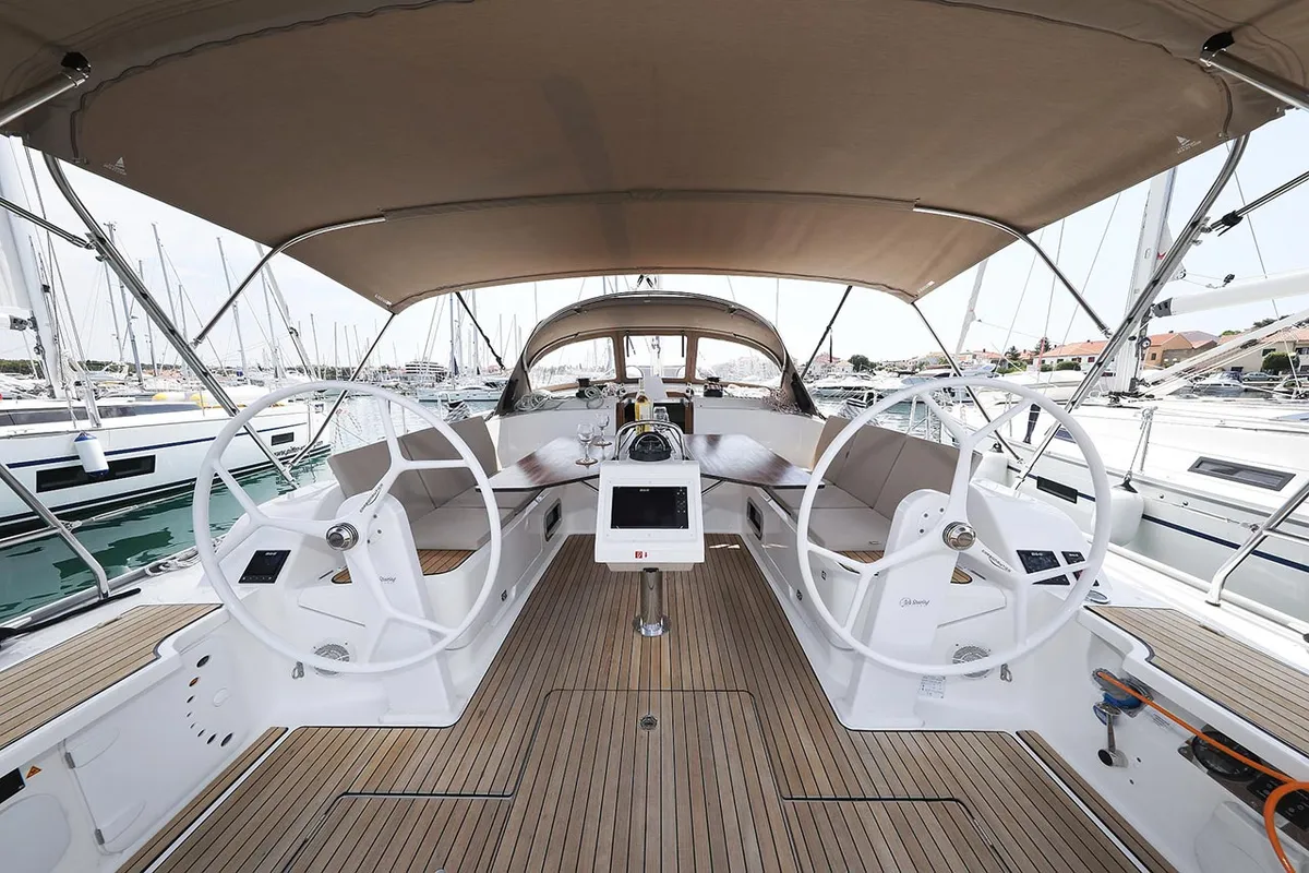 Cockpit of Sunshine, a Bavaria Cruiser 46 Style sailboat at Grad Trogir, Croatia