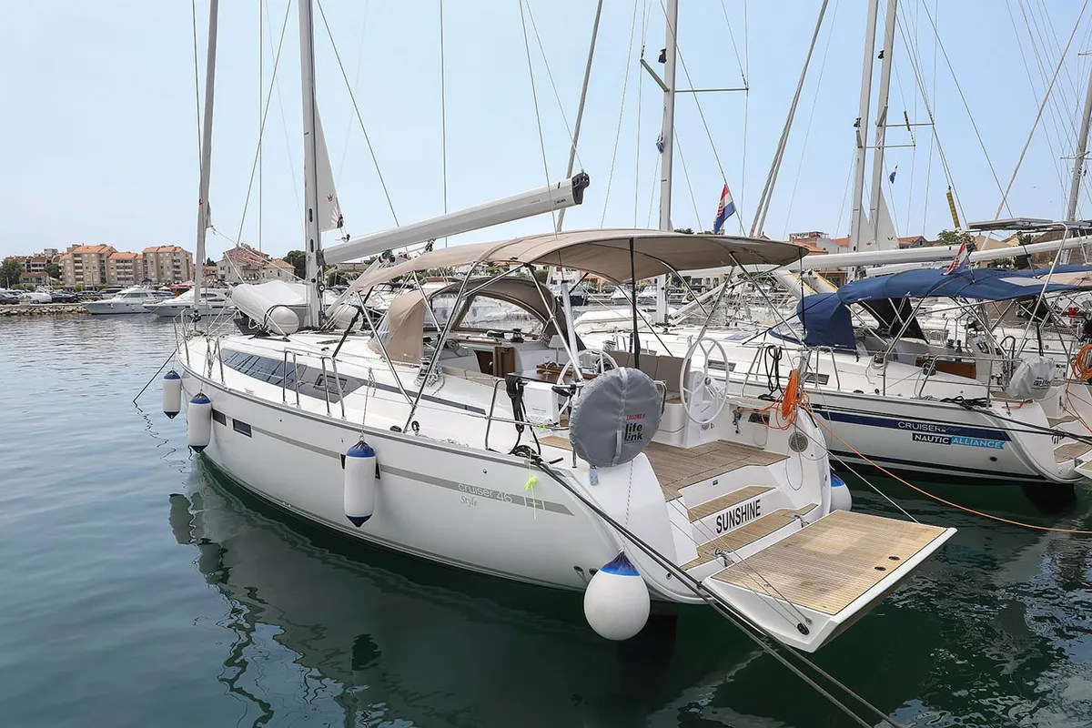 Exterior view of Sunshine, a Bavaria Cruiser 46 Style sailboat at Grad Trogir, Croatia