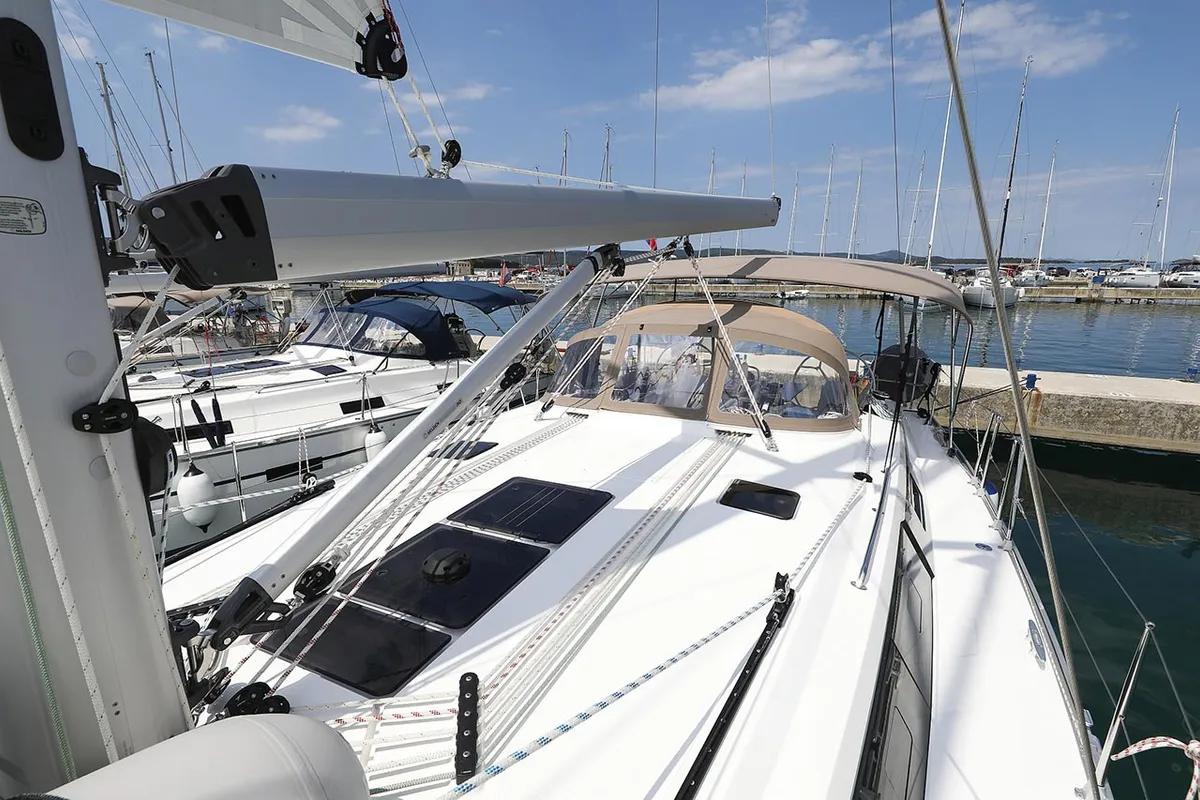Deck of Sunshine, a Bavaria Cruiser 46 Style sailboat at Grad Trogir, Croatia