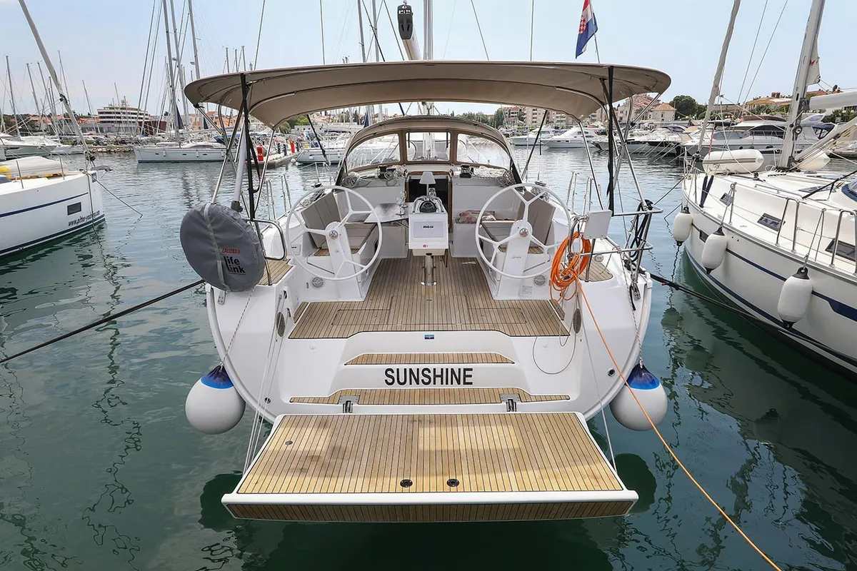 Exterior view of Sunshine, a Bavaria Cruiser 46 Style sailboat at Grad Trogir, Croatia