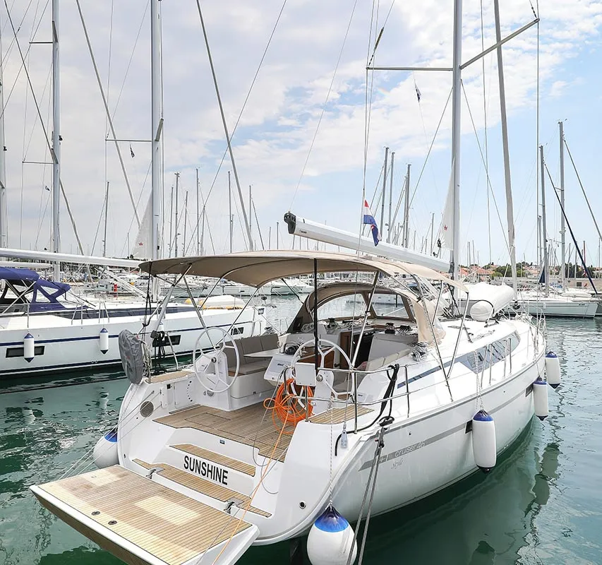 Exterior view of Sunshine, a Bavaria Cruiser 46 Style sailboat at Grad Trogir, Croatia