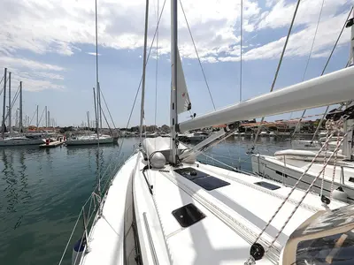 Deck of Sunshine, a Bavaria Cruiser 46 Style sailboat at Grad Trogir, Croatia