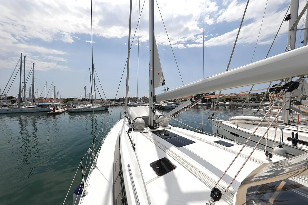 Deck of Sunshine, a Bavaria Cruiser 46 Style sailboat at Grad Trogir, Croatia