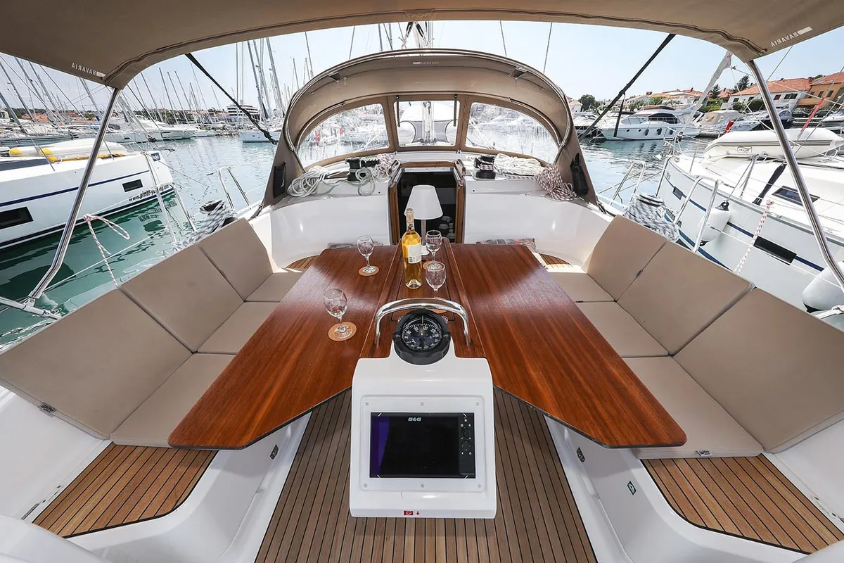 Deck of Sunshine, a Bavaria Cruiser 46 Style sailboat at Grad Trogir, Croatia