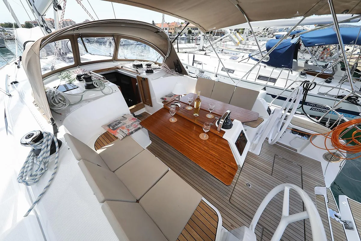 Deck of Sunshine, a Bavaria Cruiser 46 Style sailboat at Grad Trogir, Croatia