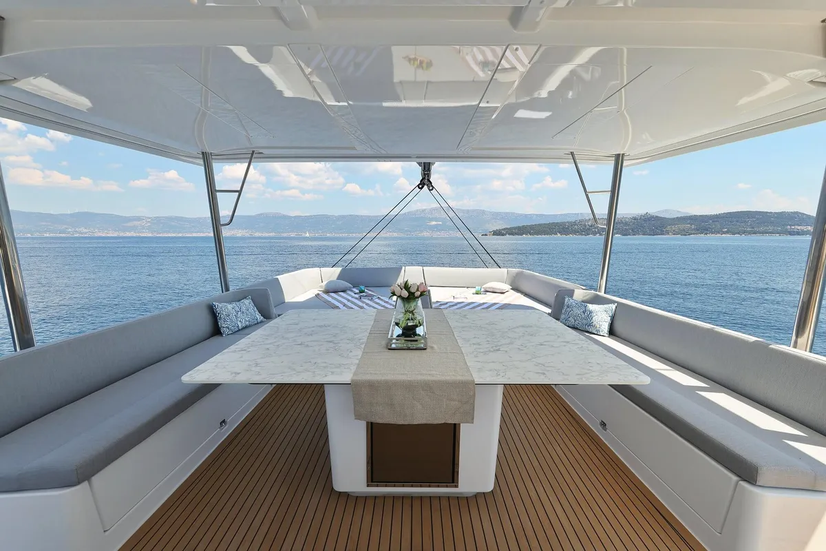 Deck of Marea III, a Bali 5.8 catamaran at Grad Kaštela, Croatia